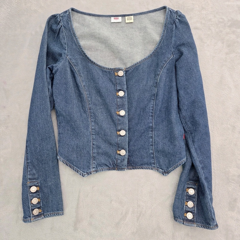 Levis Weston Denim Corset Blouse Women M Long Sleeves Cropped Slim Fit Blue Hemp